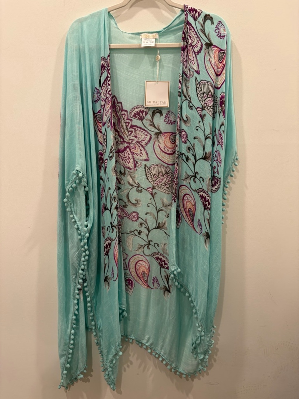 Shiraleah Aqua Floral Purple Paisley Kimono Wrap with Pom Trim